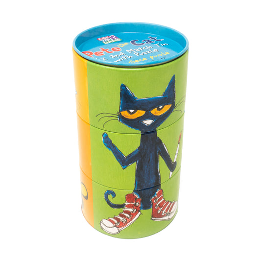Pete the Cat Mix and Match 24-Piece Tin Puzzle with colorful green tin featuring black cat character
