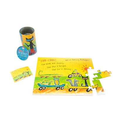 Pete the Cat Mix and Match 24-Piece Tin Puzzle with colorful yellow and green pieces featuring cartoon characters on ...