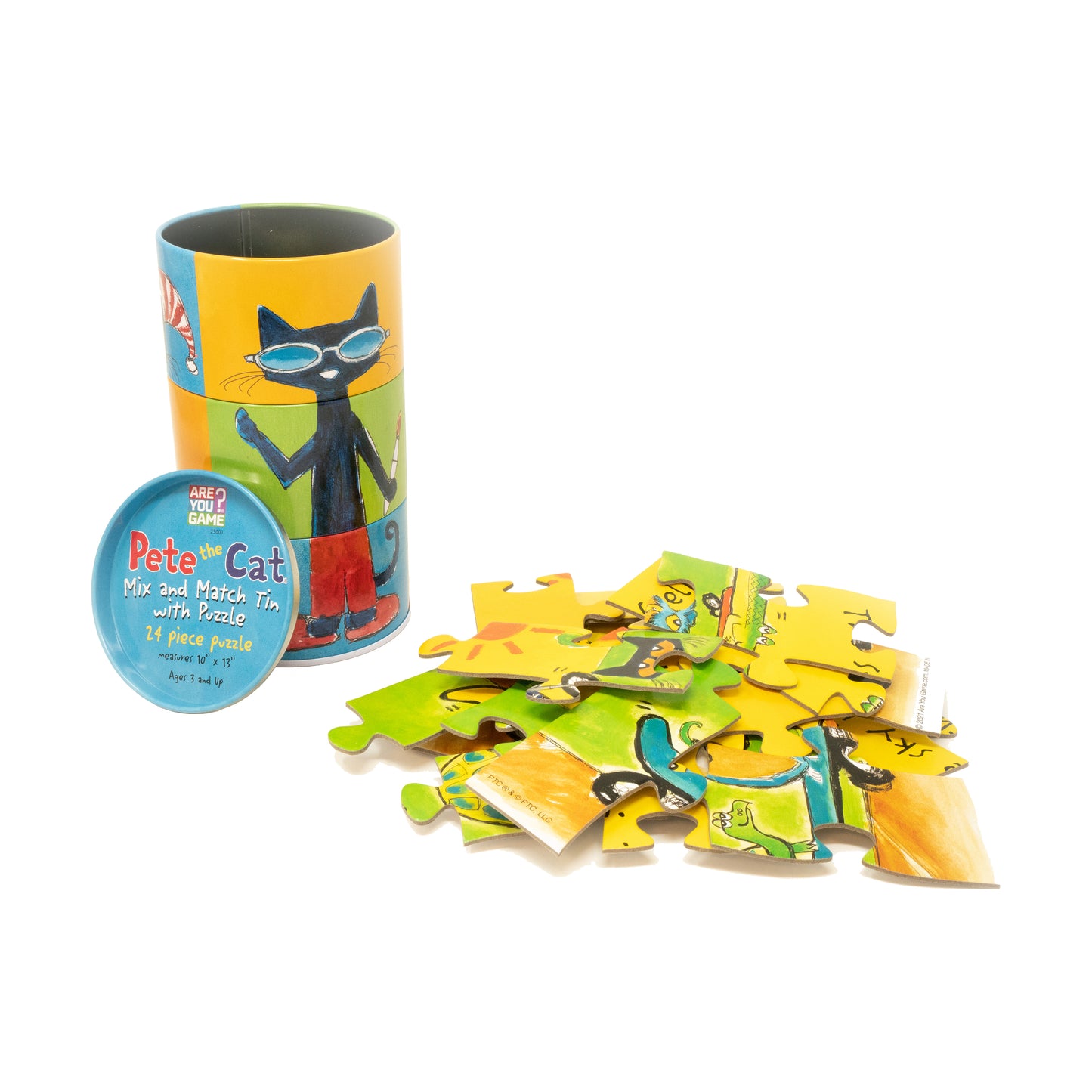 Pete the Cat Mix and Match 24-Piece Tin Puzzle with colorful yellow and green pieces