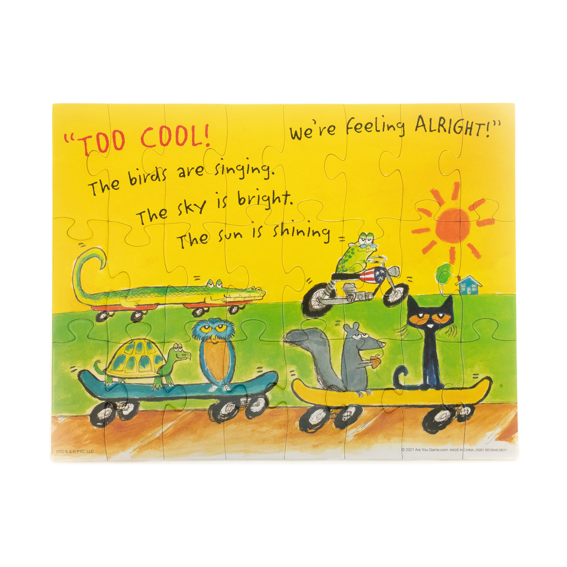Pete the Cat Mix and Match 24-Piece Tin Puzzle with colorful animals on wheeled platforms