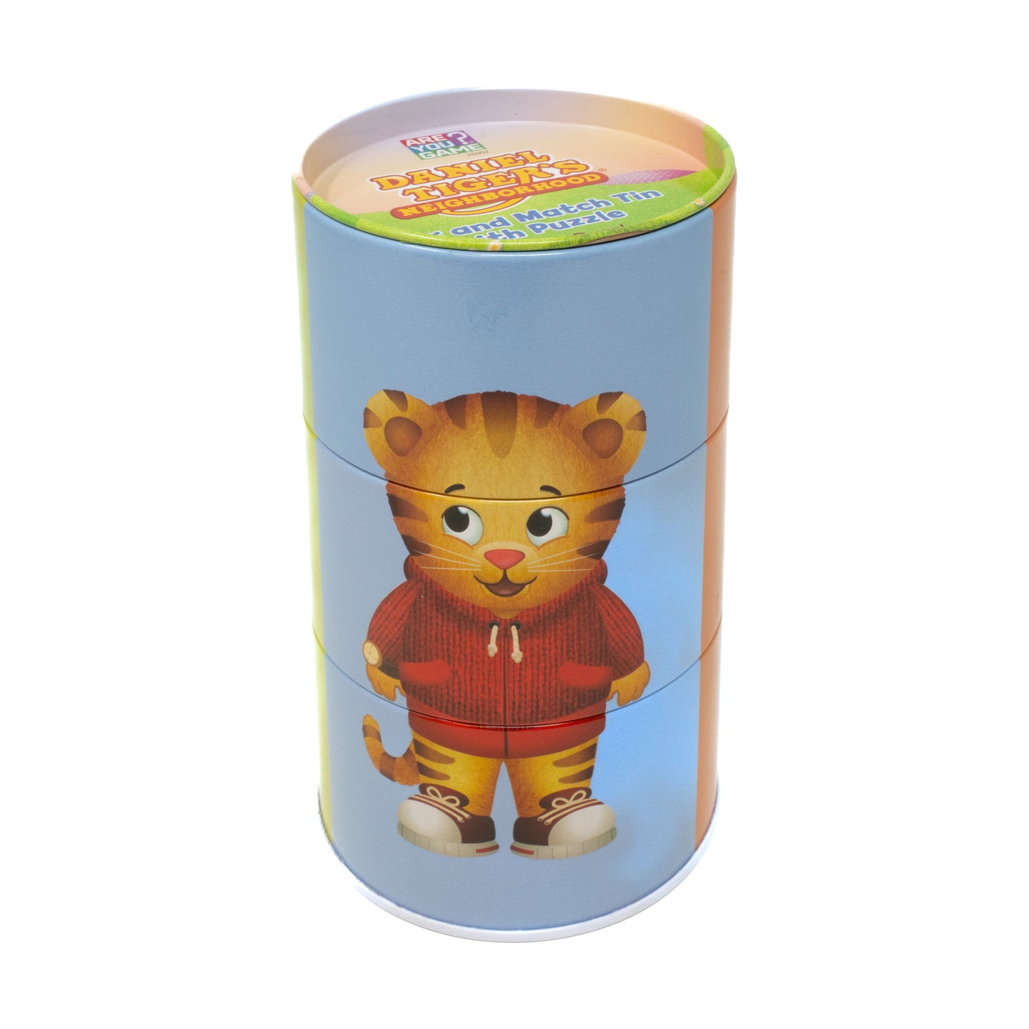 Daniel Tiger's Neighborhood 24 pc Mix and Match Tin Puzzle in cylindrical packaging with blue background
