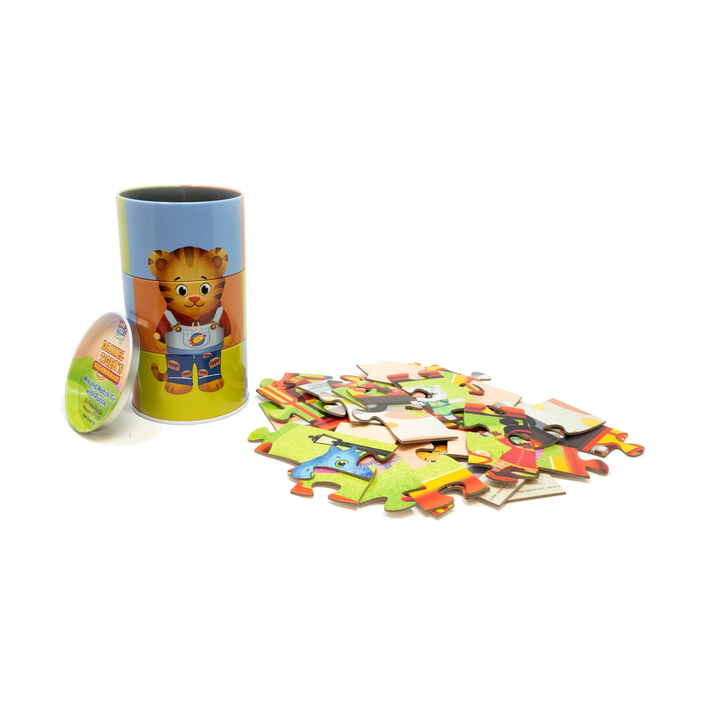 Daniel Tiger's Neighborhood 24 pc Mix and Match Tin Puzzle with colorful puzzle pieces and storage container