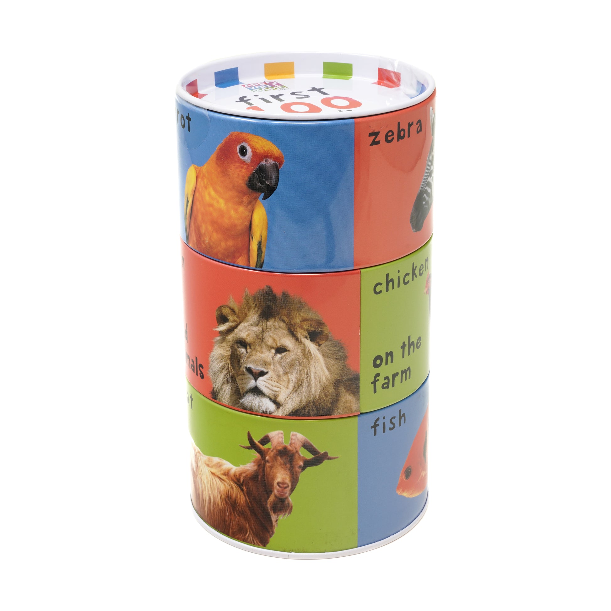 Cylindrical puzzle tin with colorful animal photos including parrot, lion, goat, and fish; lid shows animal matching game with colored blocks