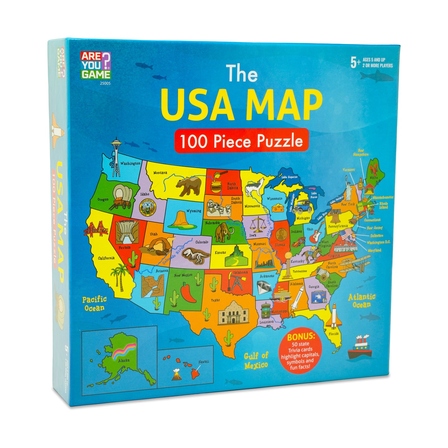 The USA MAP 100 Piece Puzzle box showing colorful map of United States with state illustrations, icons, and labels; includes bonus 50 state trivia cards; ages 5
