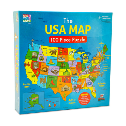 The USA MAP 100 Piece Puzzle box showing colorful map of United States with state illustrations, icons, and labels; includes bonus 50 state trivia cards; ages 5