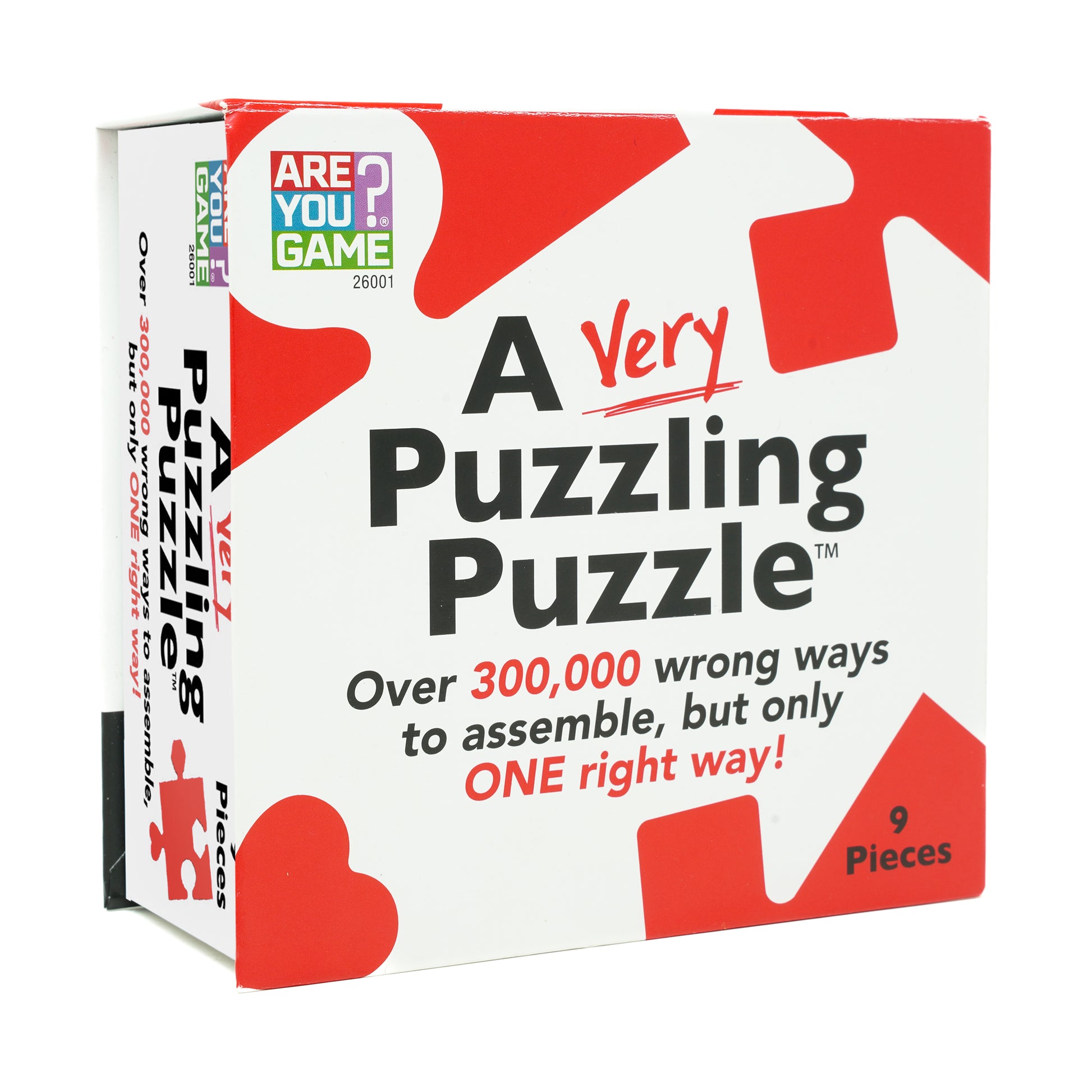 A Very Puzzling Puzzle game box by Are You Game, red and white packaging with 9 puzzle pieces, brain teaser with over 300,000 wrong ways to assemble but only on