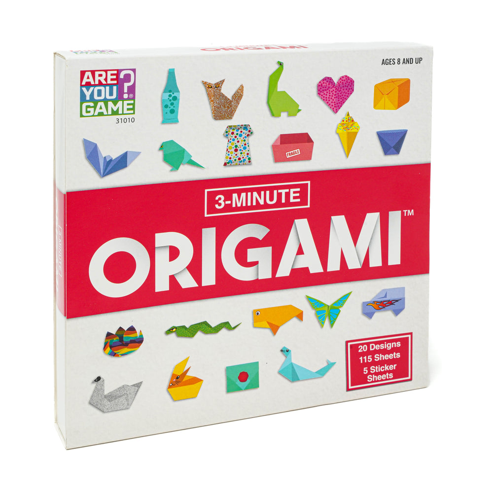 Are You Game 3-Minute Origami kit box showing colorful paper-folded designs including animals, shapes, and objects for ages 8 and up