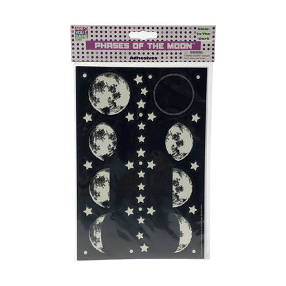Glow-in-the-Dark Phases of the Moon wall adhesives sheet showing eight moon phase circles and decorative stars on black background