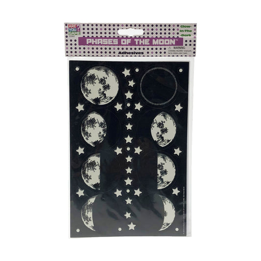 Glow-in-the-Dark Phases of the Moon wall adhesives sheet showing eight moon phase circles and decorative stars on black background