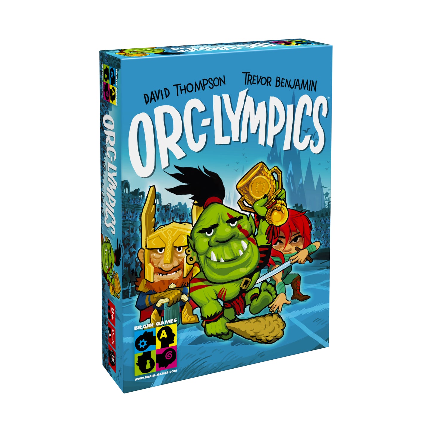 Orc-lympics board game box featuring colorful cartoon orc and human characters holding gold medals against a blue fantasy stadium background