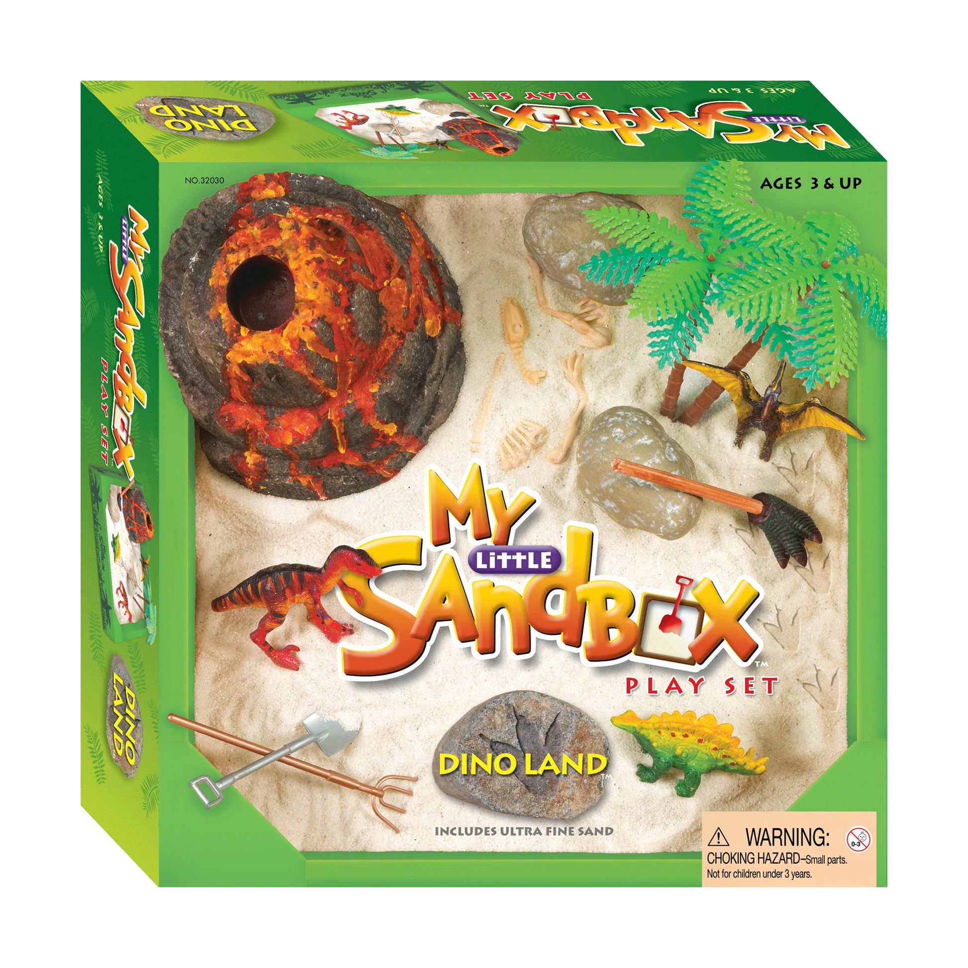 My Little Sandbox Dino Land play set with volcano, dinosaur figures, sand tools, and ultra fine sand on green packaging