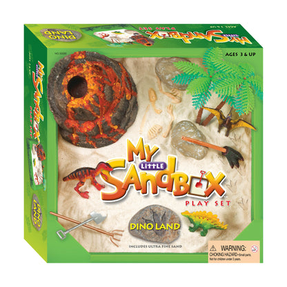 My Little Sandbox Dino Land play set with volcano, dinosaur figures, sand tools, and ultra fine sand on green packaging