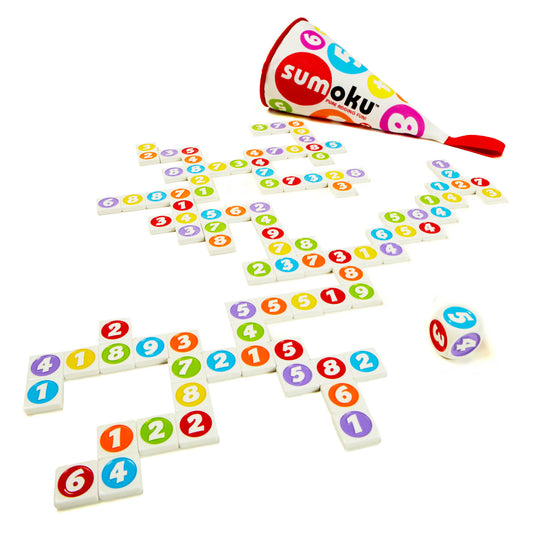 Sumoku game with cone-shaped storage container and numbered tiles arranged in crossword-style patterns on white background