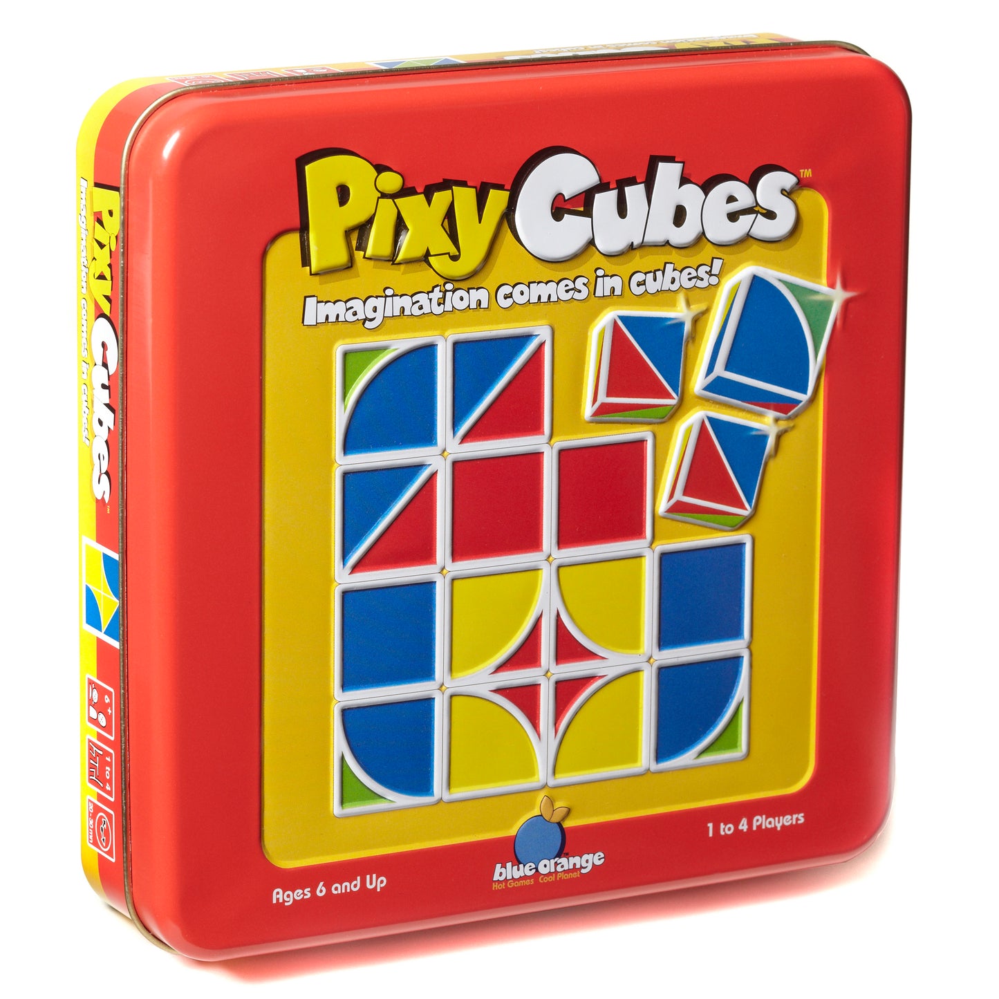 Pixy Cubes game in red metal tin with yellow panel showing colorful cube puzzle design in blue, red, and yellow