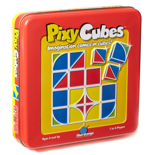 Pixy Cubes game in red metal tin with yellow panel showing colorful cube puzzle design in blue, red, and yellow