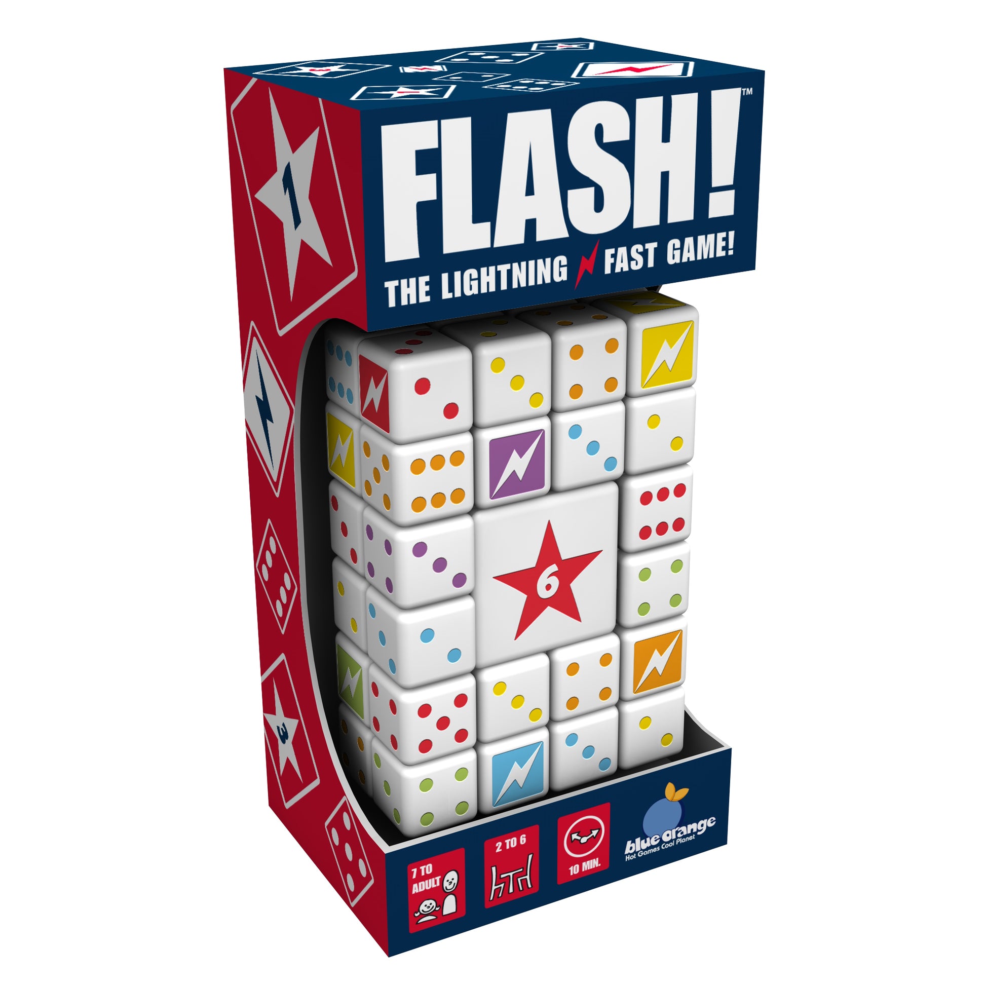 Flash! Lightning-Fast Dice Dash Game box showing stacked white dice with colored dots and lightning bolt symbols