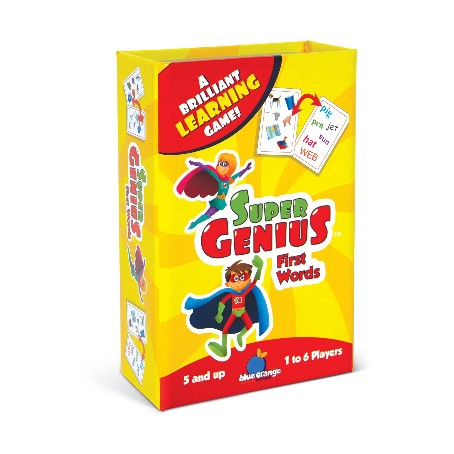 Super Genius First Words educational matching game box with yellow packaging, featuring cartoon superhero characters and word cards, for ages 5 and up, 1 to 6 p