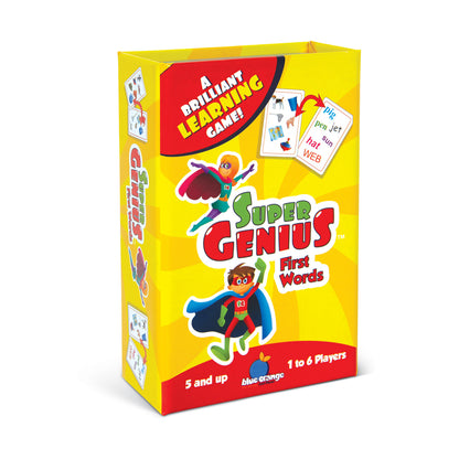 Super Genius First Words educational matching game box with yellow packaging, featuring cartoon superhero characters and word cards, for ages 5 and up, 1 to 6 p