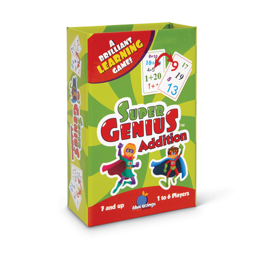 Super Genius Addition game box with green and yellow background, red banner, two cartoon superhero characters, and math problem cards displayed on front