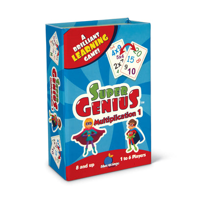 Super Genius Multiplication 1 board game box with blue and red packaging, showing math cards and cartoon superhero characters, for 1 to 6 players ages 8 and up