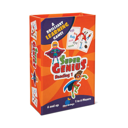 Super Genius Reading 1 board game box featuring sight words matching cards and superhero characters, for 1 to 6 players ages 6 and up