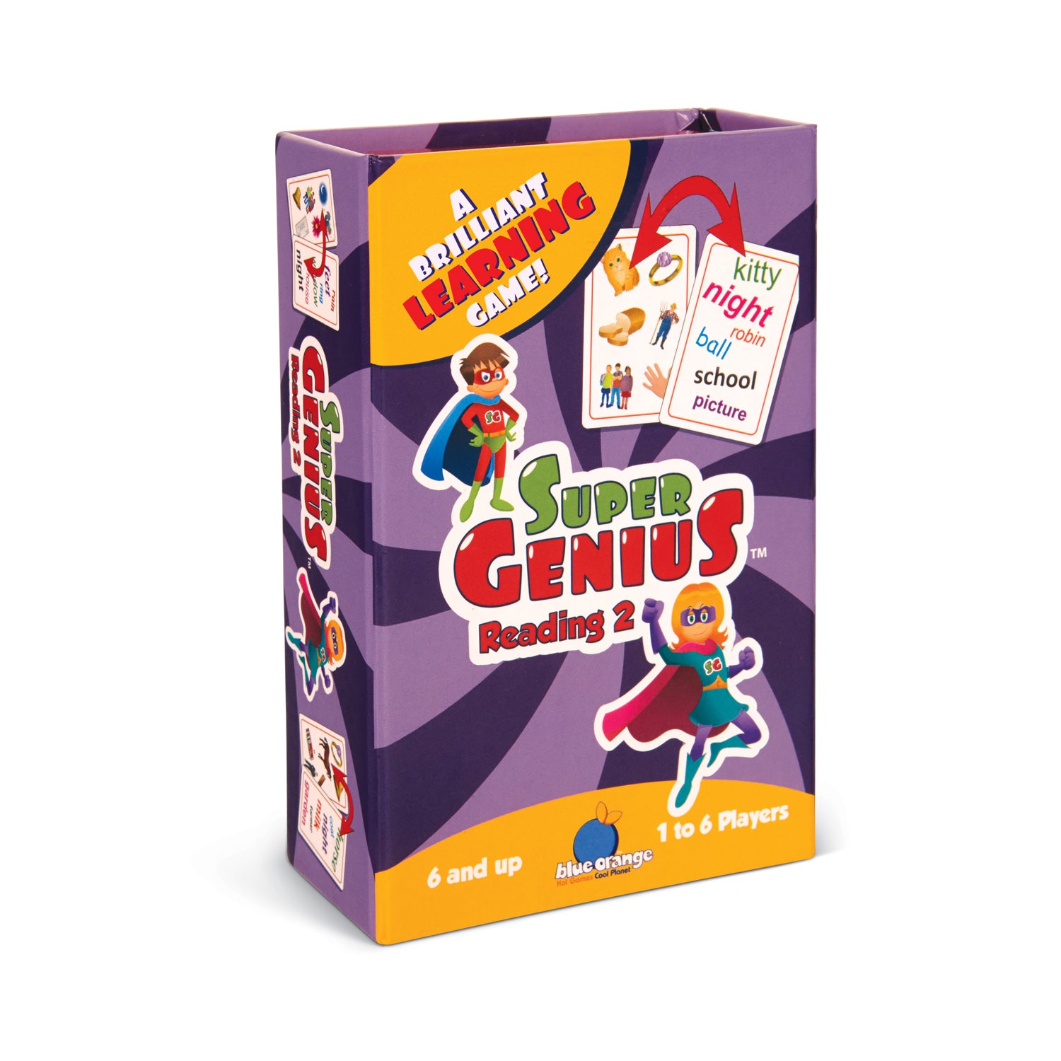 Super Genius Reading 2 educational matching game box with purple background, yellow banner, and card examples showing vocabulary words like kitty, night, robin,