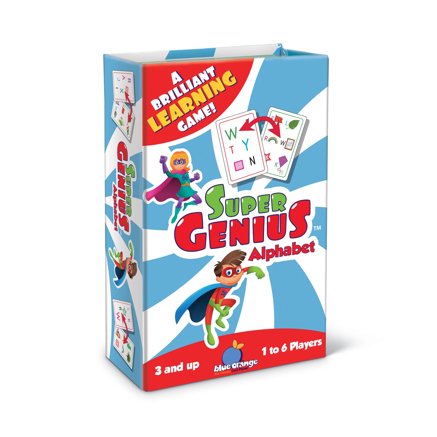 Super Genius Alphabet learning game box featuring two superhero characters and alphabet cards, for 1 to 6 players ages 3 and up
