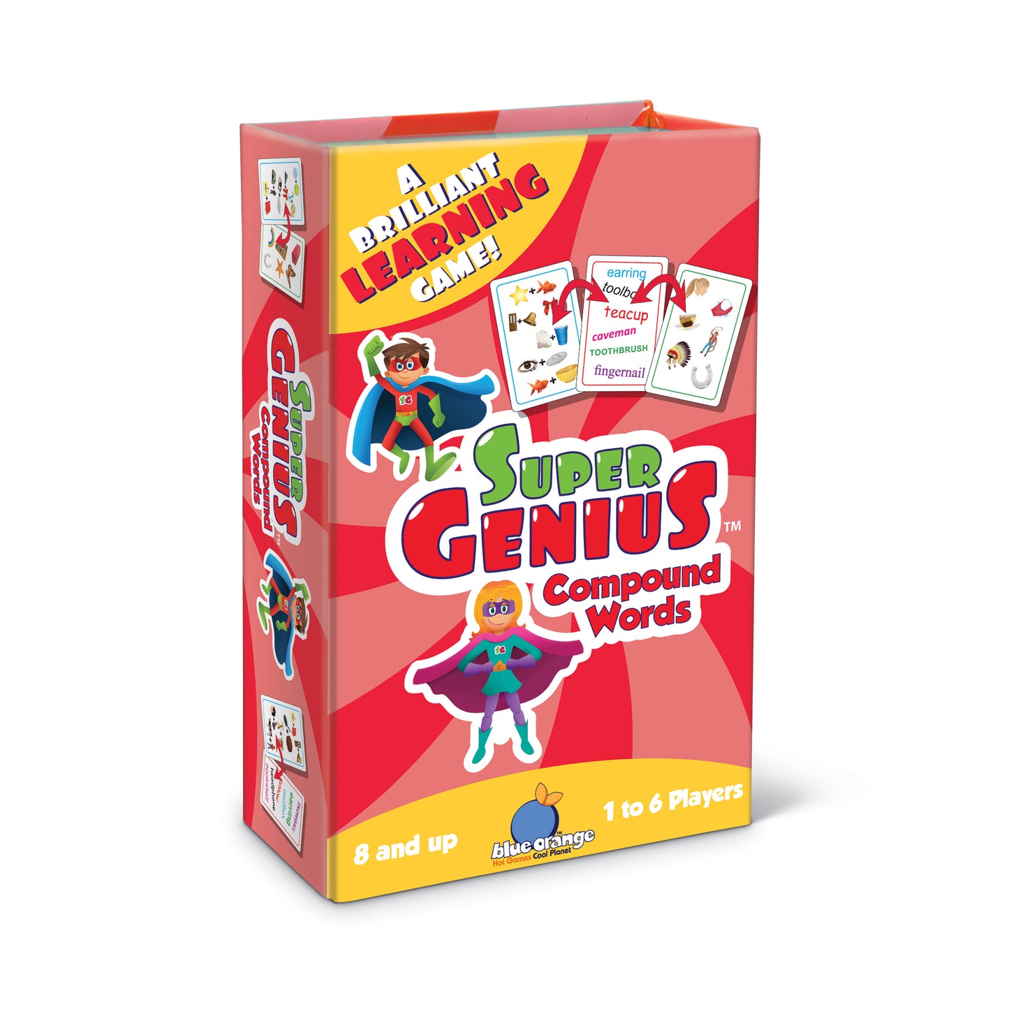 Super Genius Compound Words game box with red and yellow packaging, featuring cartoon superhero characters and learning cards showing words like earring, teacup