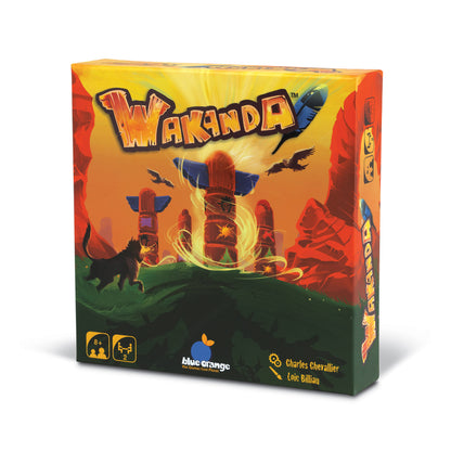 Wakanda board game box for 2 players, featuring red and orange volcanic landscape with game pieces and blue orange pu...