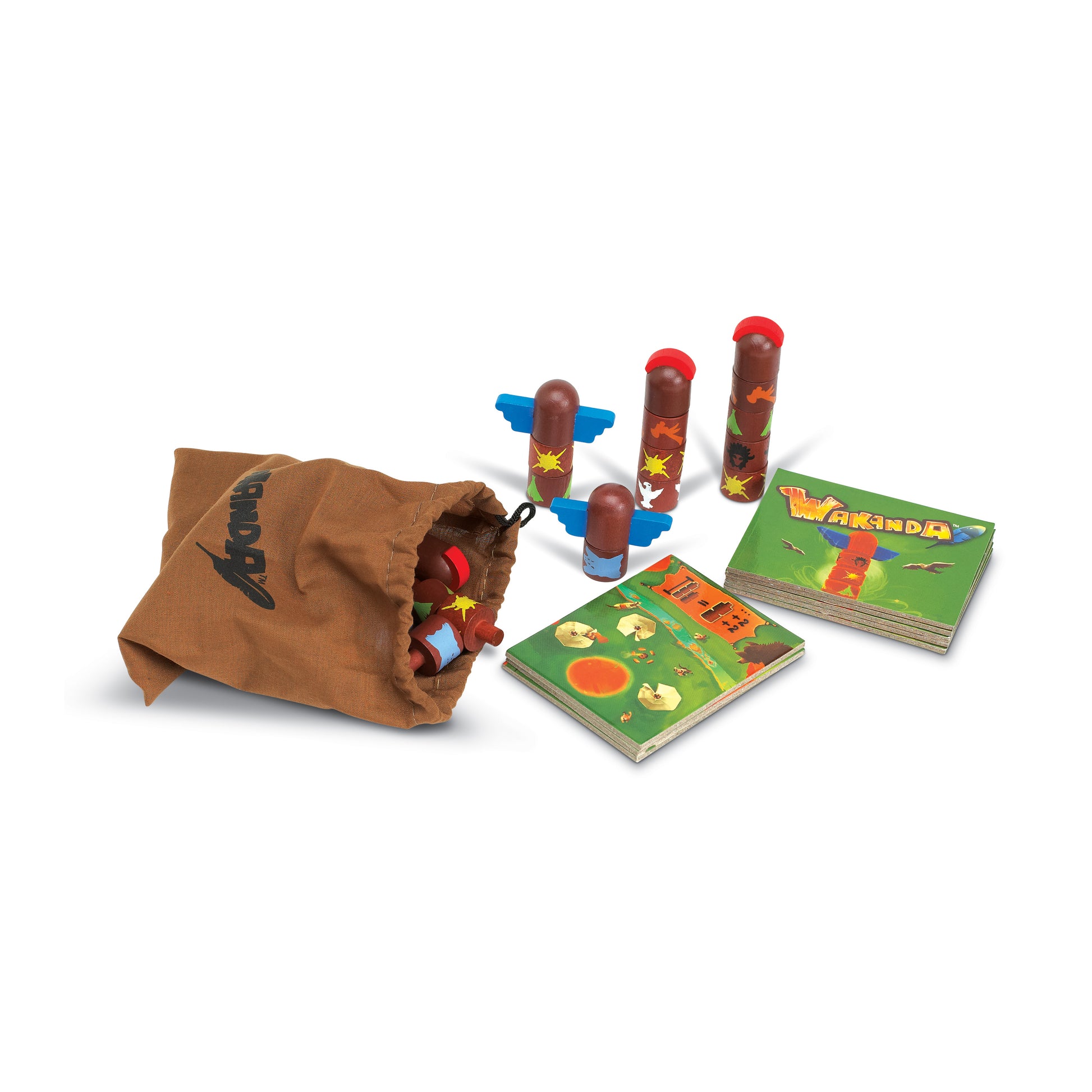 Wakanda Totem Pole Strategy Game with wooden pieces, blue wings, game cards, and storage bag