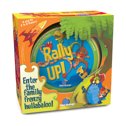 Rally Up! Exotic Family Matching Card Game box showing colorful jungle scene with monkeys and animals, 2 to 6 players, by Blue Orange Games