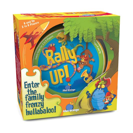 Rally Up! Exotic Family Matching Card Game box showing colorful jungle scene with monkeys and animals, 2 to 6 players, by Blue Orange Games
