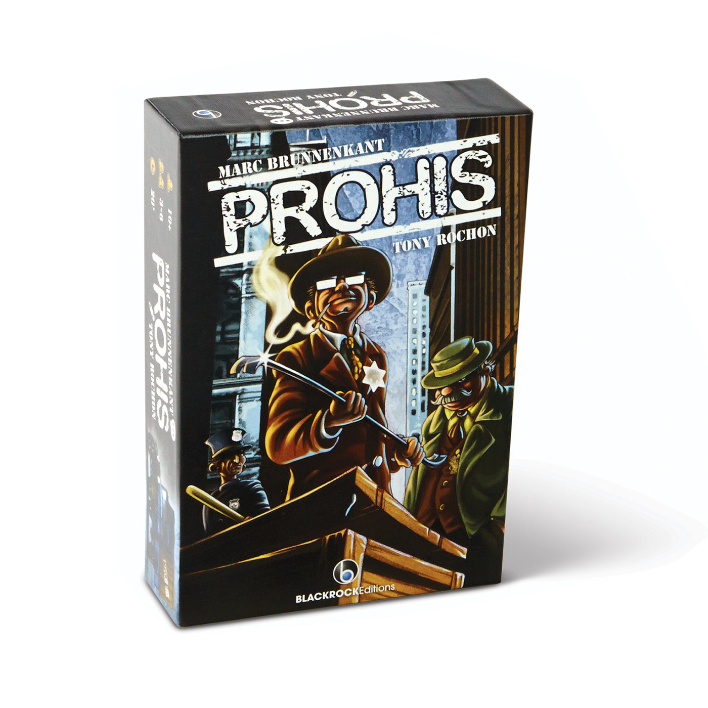 Prohis board game box featuring western-style illustrated characters in cowboy hats with whips and dynamite