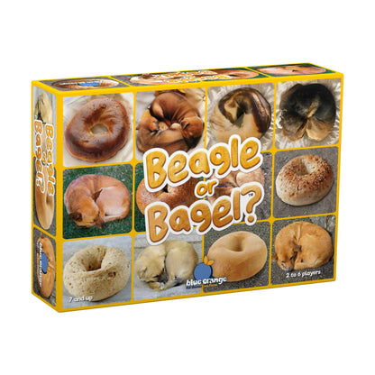 Beagle or Bagel? game box with yellow border showing photos of beagles and bagels in a grid pattern, blue orange logo