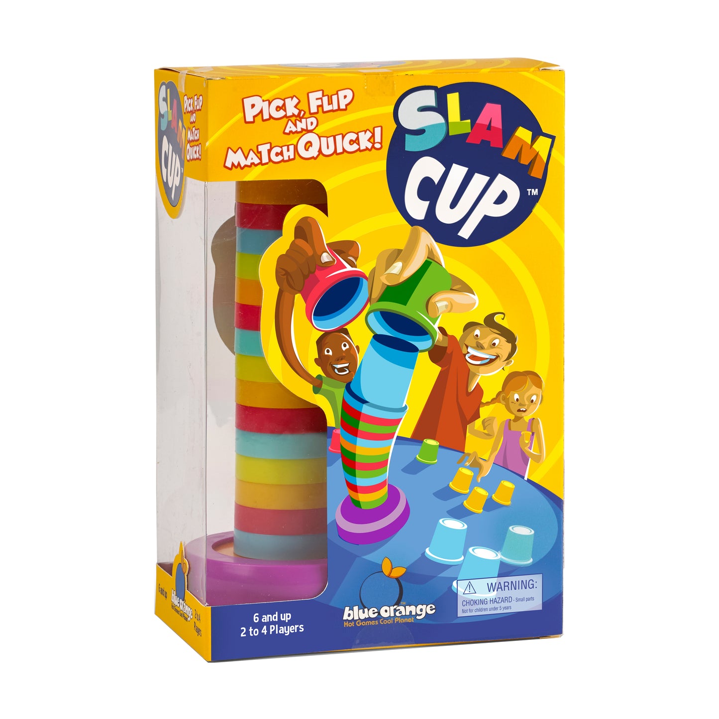 Slam Cup Quick-Stack Color Matching Game box showing colorful stacking cups with game pieces and illustrated children playing, for ages 6 and up