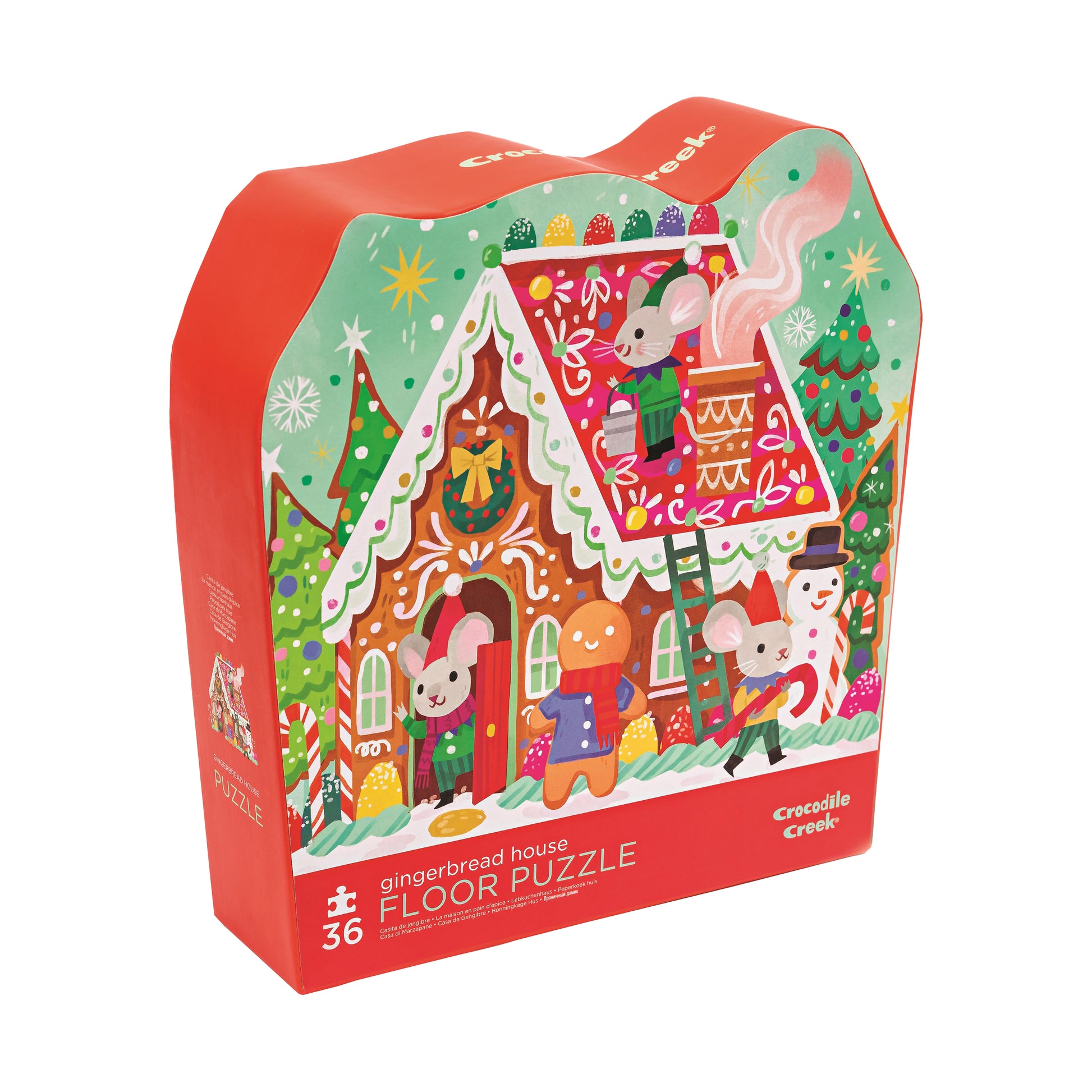 Crocodile Creek Gingerbread House 36-Piece Floor Puzzle box featuring colorful illustrated gingerbread house with rabbit and mouse characters, candy canes, and