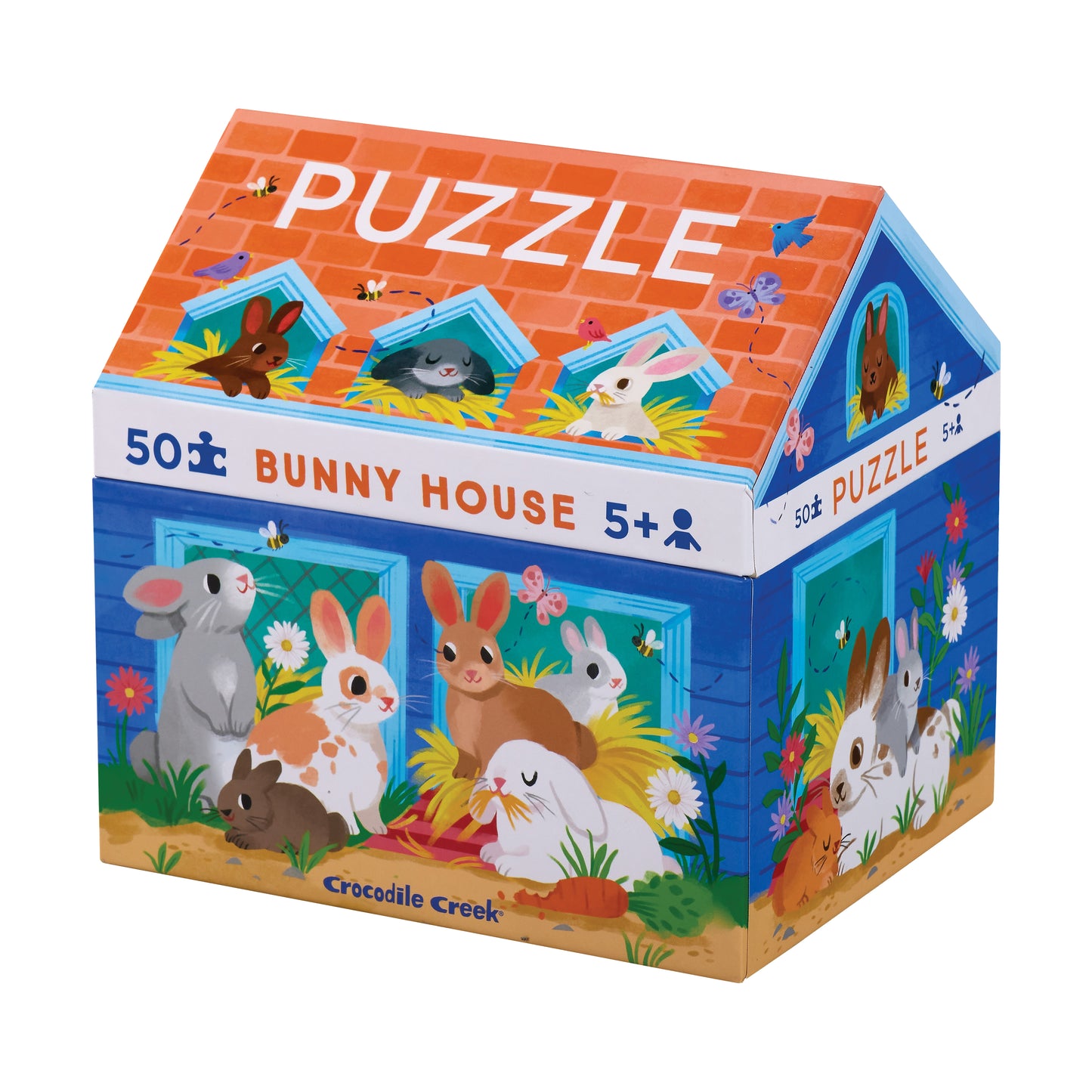 Bunny House Puzzle 50-piece jigsaw by Crocodile Creek, house-shaped box with colorful bunnies and flowers on orange roof and blue walls