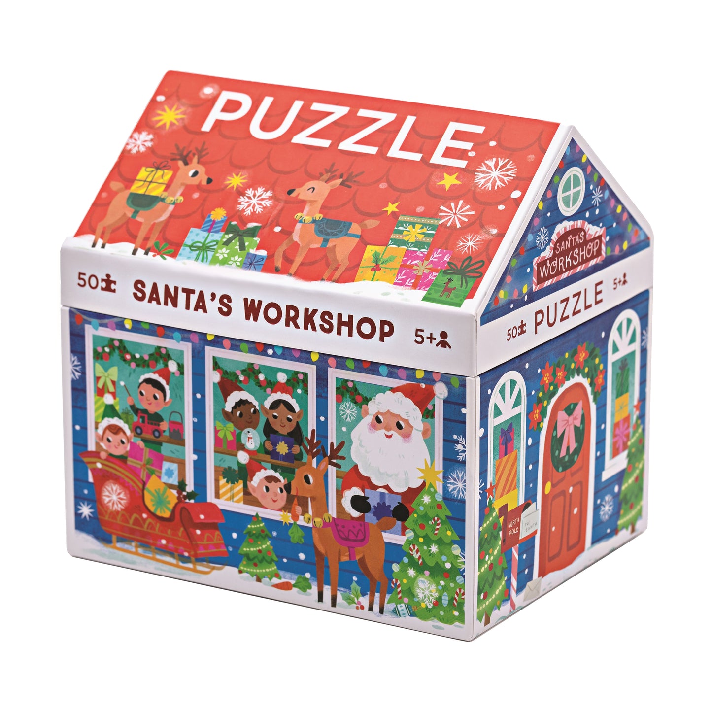 Santa's Workshop house-shaped 50-piece jigsaw puzzle with red roof, featuring Santa, elves, reindeer, Christmas trees, and holiday decorations on blue and red w