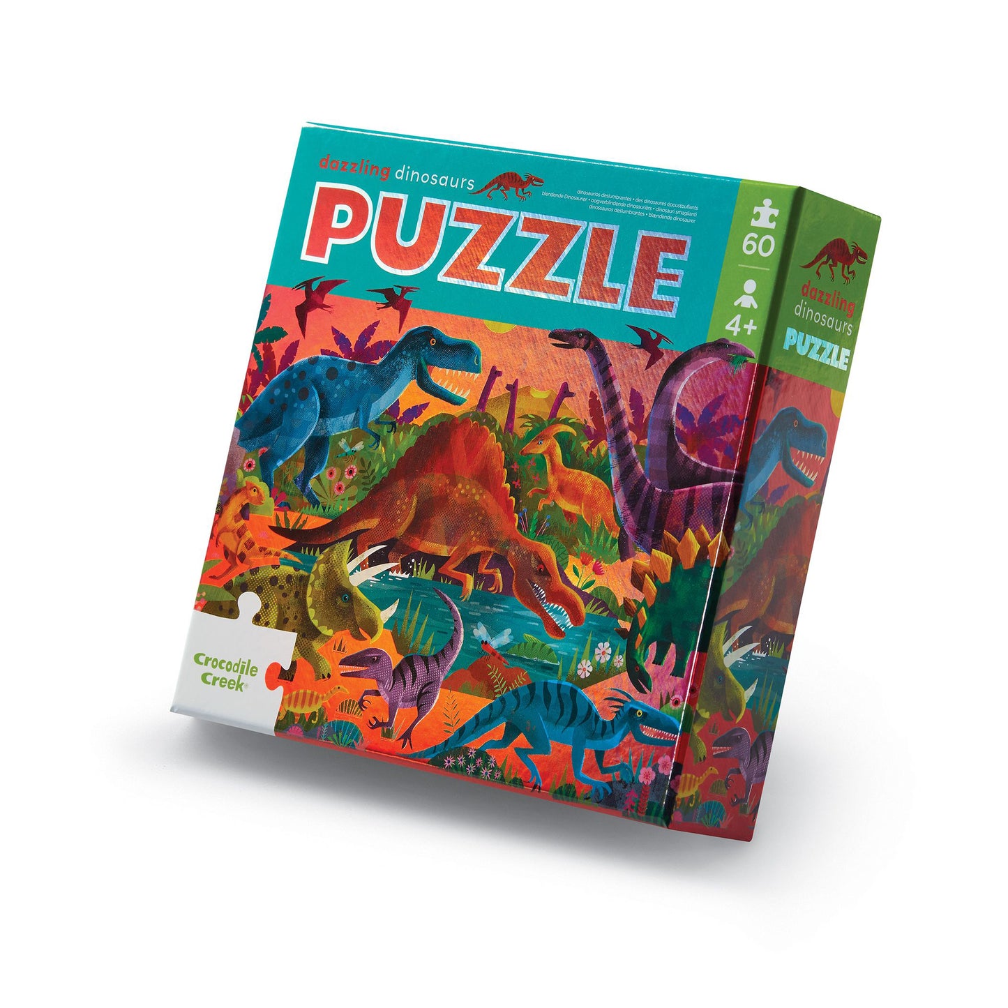 Crocodile Creek Dazzling Dinosaurs Holographic Jigsaw Puzzle box featuring colorful illustrated dinosaurs in a prehistoric landscape, 60 pieces, ages 4+