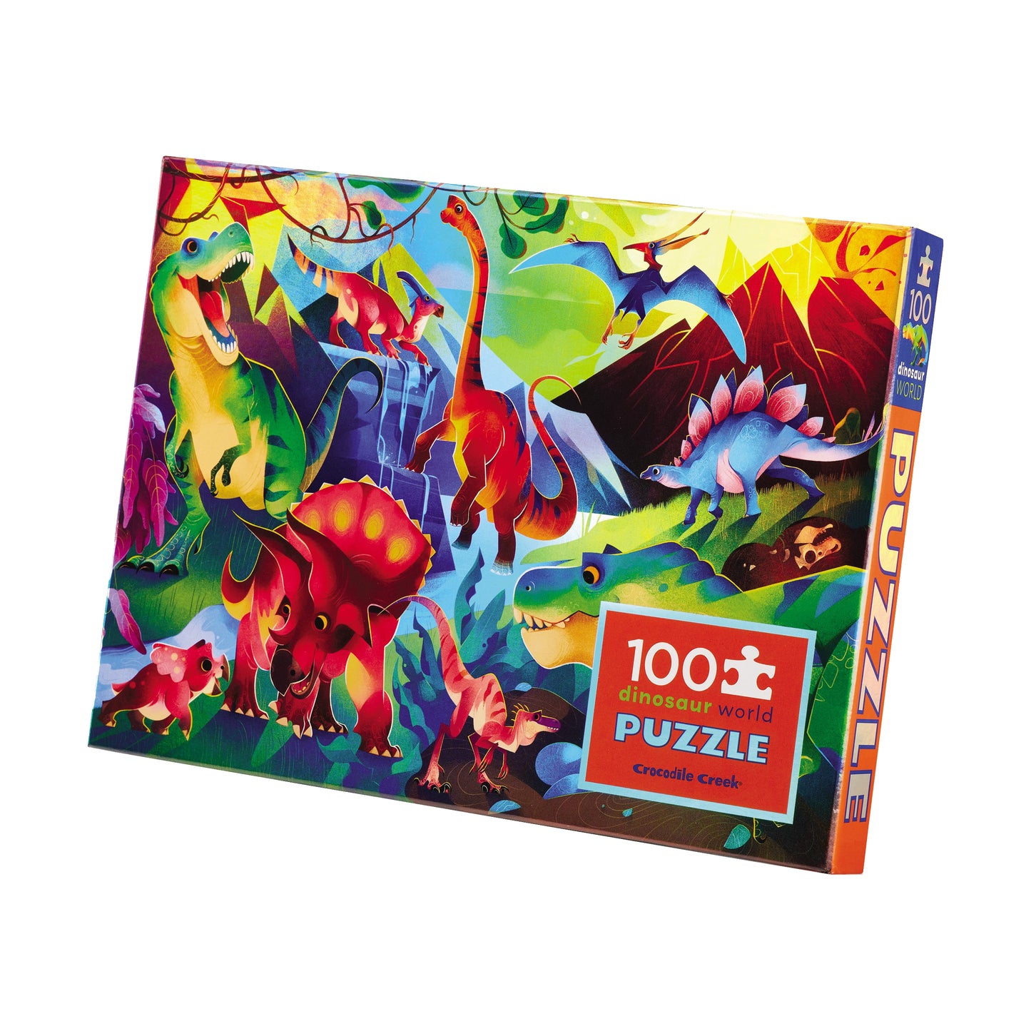 Dinosaur World Holographic Foil 100-piece puzzle box featuring colorful illustrated dinosaurs including T-Rex, Triceratops, pterodactyls, and stegosaurs in a vi