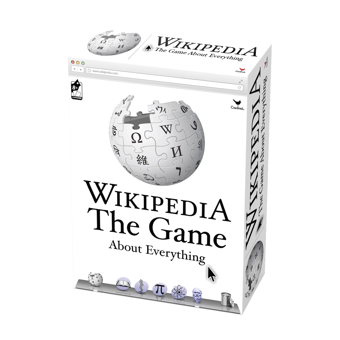 Wikipedia: The Game About Everything board game box featuring Wikipedia globe puzzle sphere, browser window design, and scientific icons on white packaging