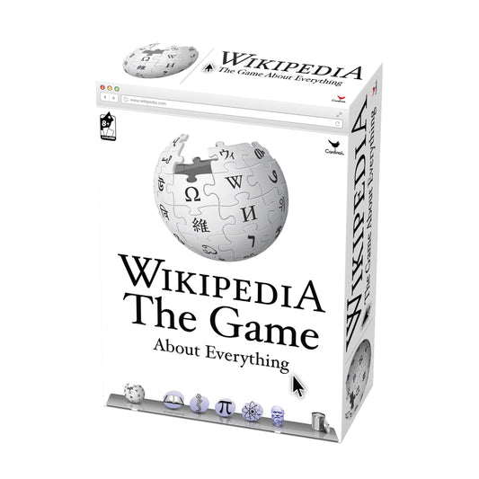 Wikipedia: The Game About Everything board game box featuring Wikipedia globe puzzle sphere, browser window design, and scientific icons on white packaging