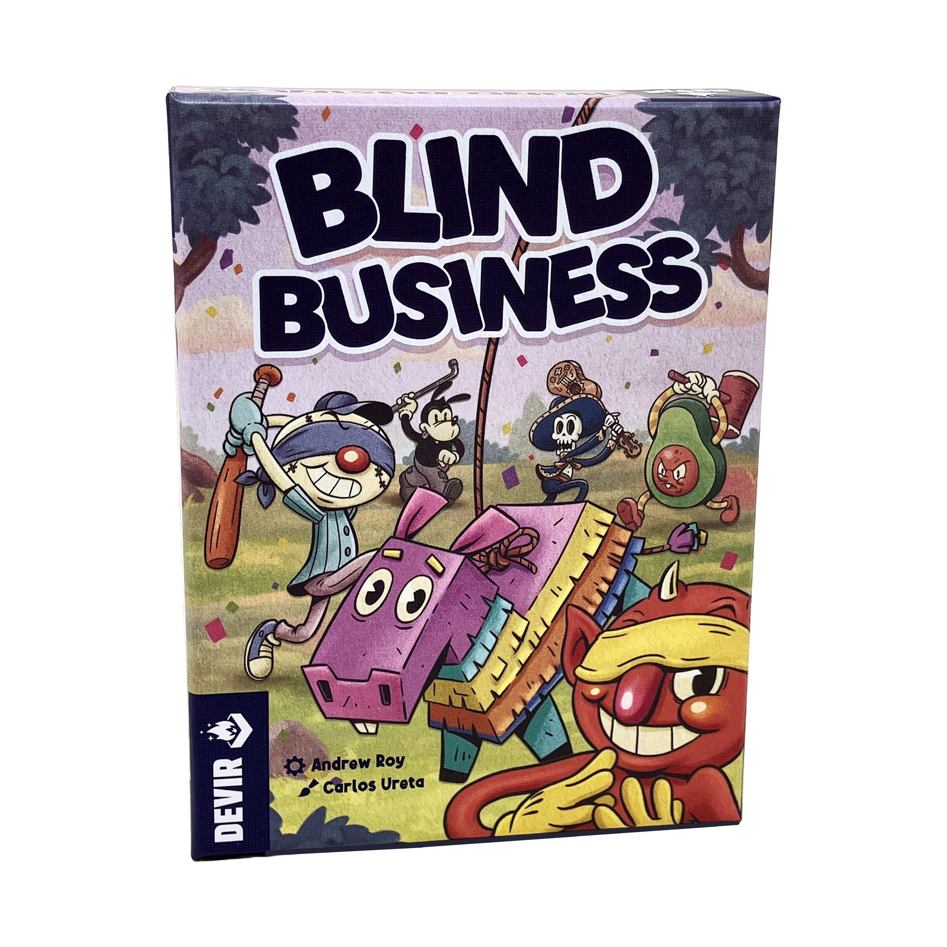 Blind Business card game box featuring colorful cartoon characters and a purple piñata, designed by Andrew Roy and Carlos Ureta
