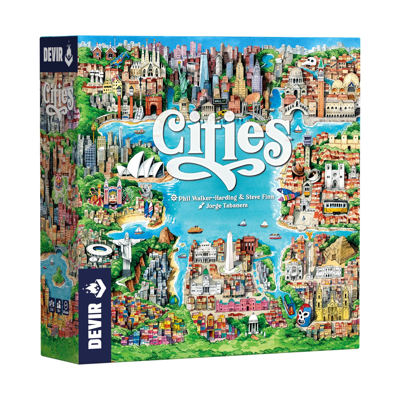 Cities board game box by Devir featuring colorful illustrated world landmarks and cityscape with blue water, designed by Phil Walker-Harding, Steve Finn, and Jo