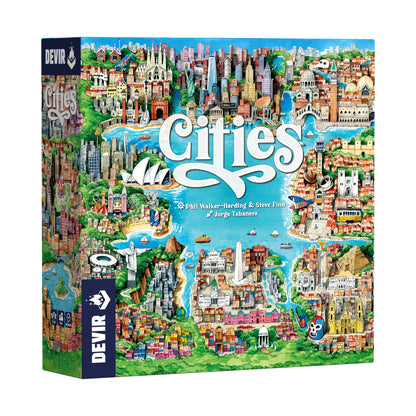 Cities board game box by Devir featuring colorful illustrated world landmarks and cityscape with blue water, designed by Phil Walker-Harding, Steve Finn, and Jo