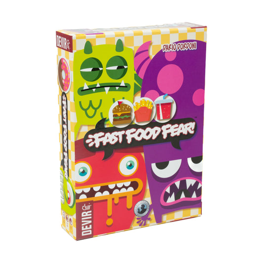 Fast Food Fear board game box featuring colorful monster characters with exaggerated eyes and teeth, yellow checkered and purple polka dot design