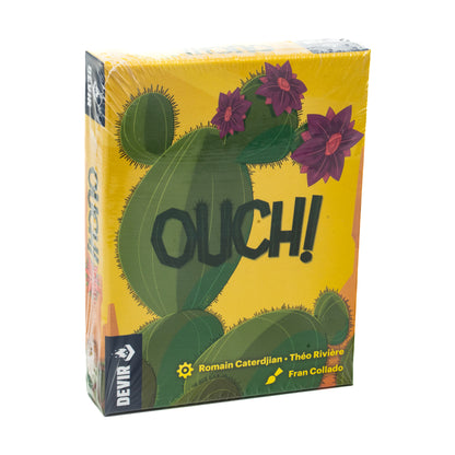 Ouch! Desert Flower Collection Strategy Game box featuring illustrated cactus with purple flowers and spines on yellow background
