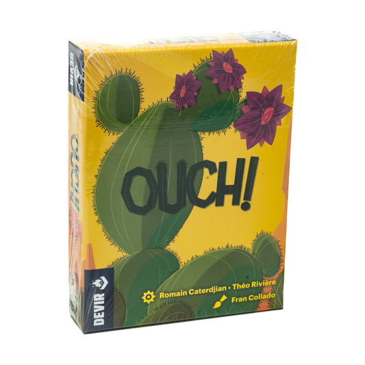 Ouch! Desert Flower Collection Strategy Game box featuring illustrated cactus with purple flowers and spines on yellow background