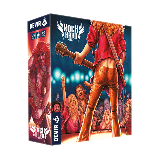 Rock Hard: 1977 board game box featuring illustrated rock musicians with guitars, stage lighting, and audience, with DEVIR publisher branding