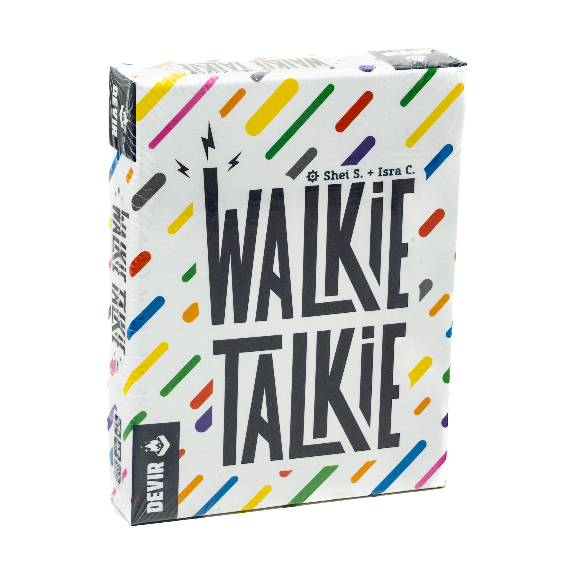 Walkie Talkie card game box by Shei S. and Isra C., white packaging with colorful diagonal stripes and lightning bolt design